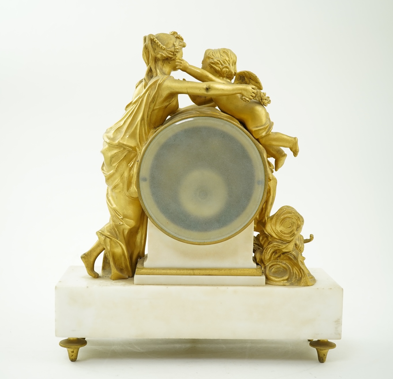 An early 19th century French figural ormolu and white marble mantel clock